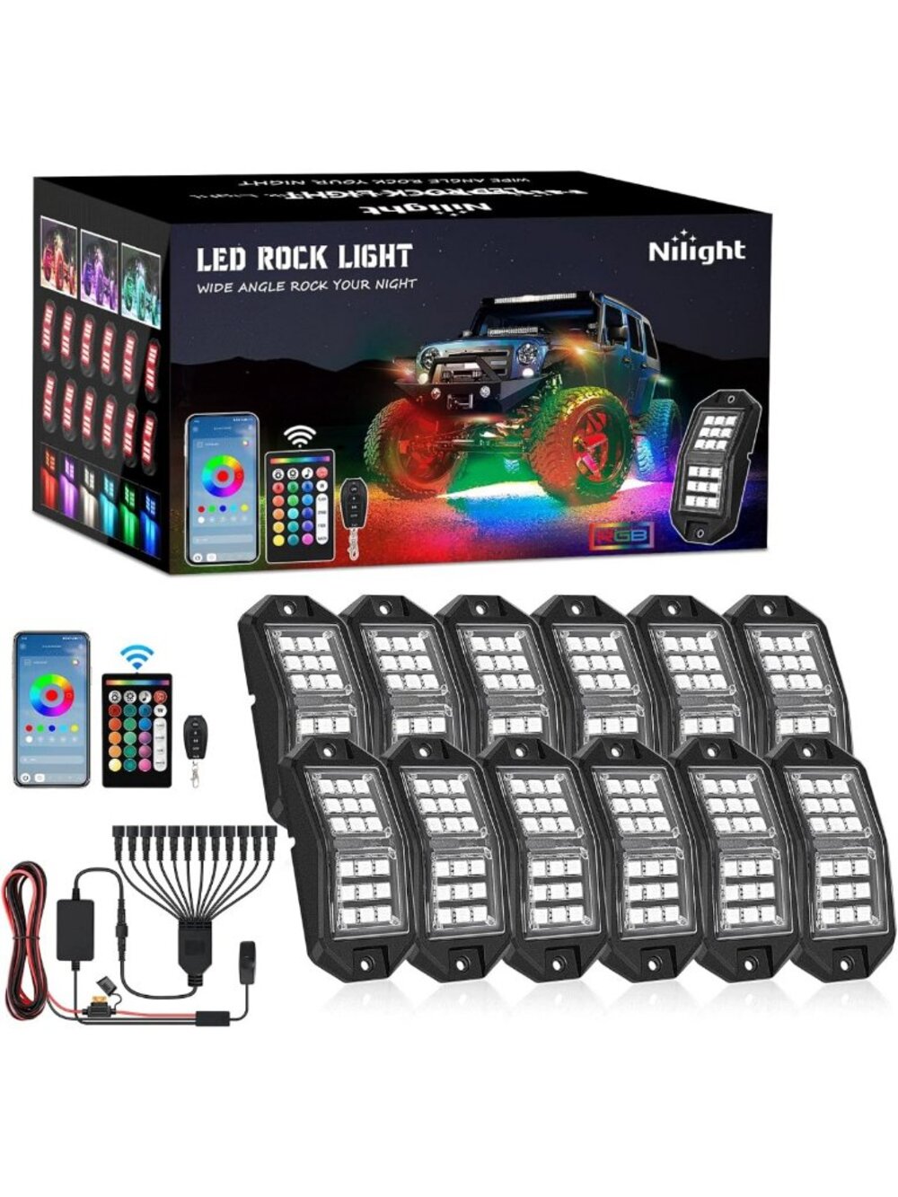 12 PCS RGB LED Rock Lights Kit - 18 LED Wide Angle Wheel Well Lighting